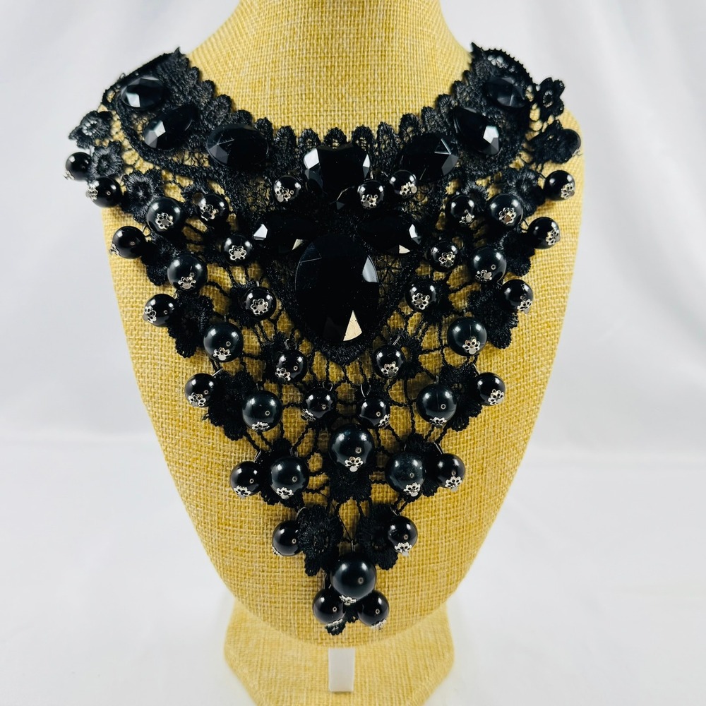 Black Lace Bib Statement Necklace Whimsigoth Victorian Beaded Collar Ribbon Tie